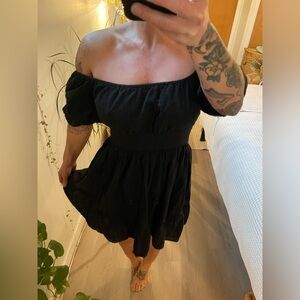 Milkmaid dress. Ruched bust, adjustable chest tie around back. Black. Size S
